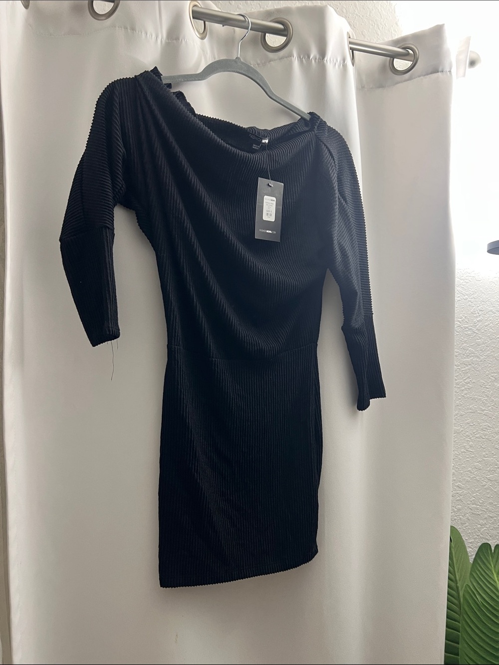 Fashion Nova Black Ribbed Boatneck Long Sleeve Bodycon Dress